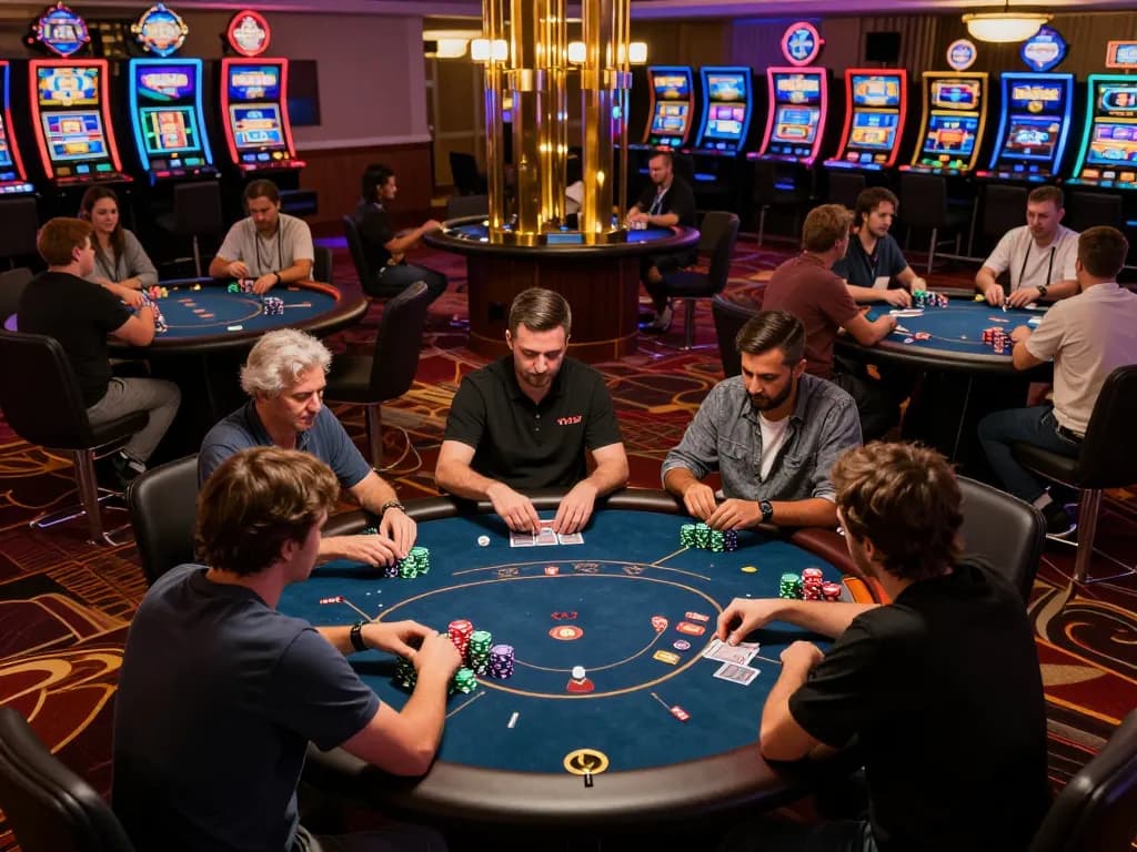 Players engage with excitement at 789club poker tables, showcasing dynamic gameplay in a vibrant casino atmosphere