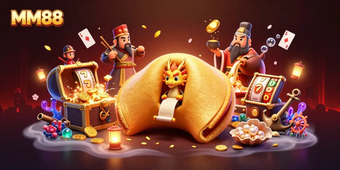 Engaging scene with MM88 showcasing a golden fortune cookie and gaming elements for high-stakes play.