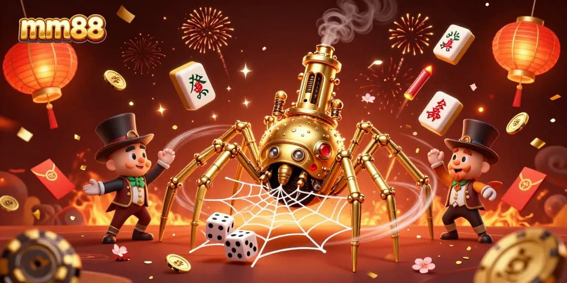 Engage with the mm88 gaming universe featuring a steampunk spider and festive elements