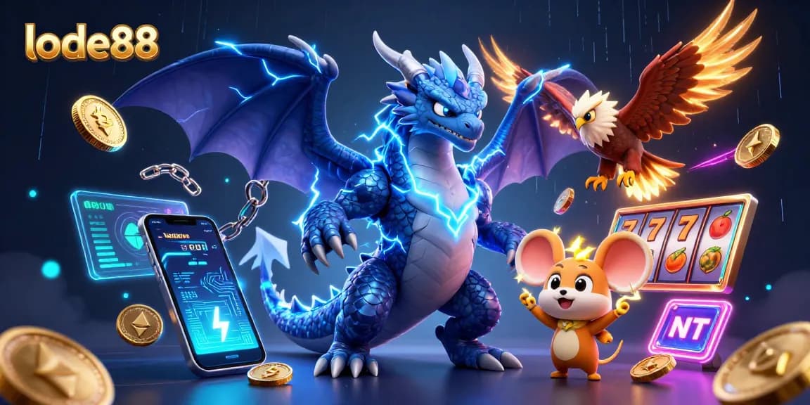 Engage with thrilling lode88 slots in a vibrant scene featuring a thunder dragon and crypto elements.
