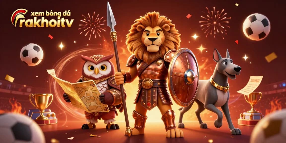 Experience xem bóng đá rakhoitv with vibrant characters and sports-themed elements in a dynamic 3D illustration.