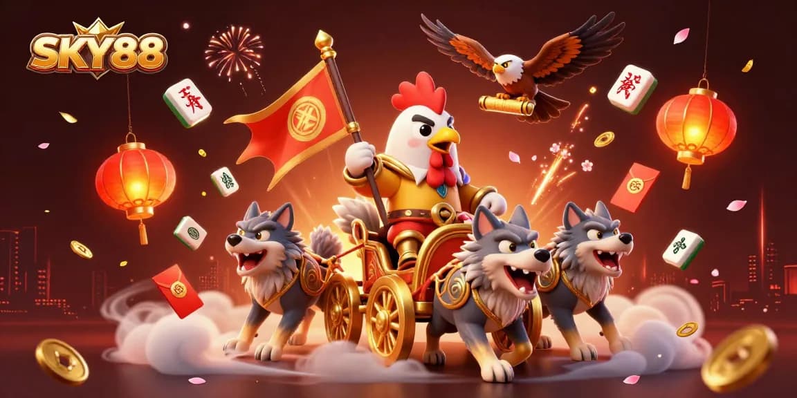 SKY88 offers thrilling gambling adventures with a cartoon rooster warlord leading the charge amidst festive symbols.