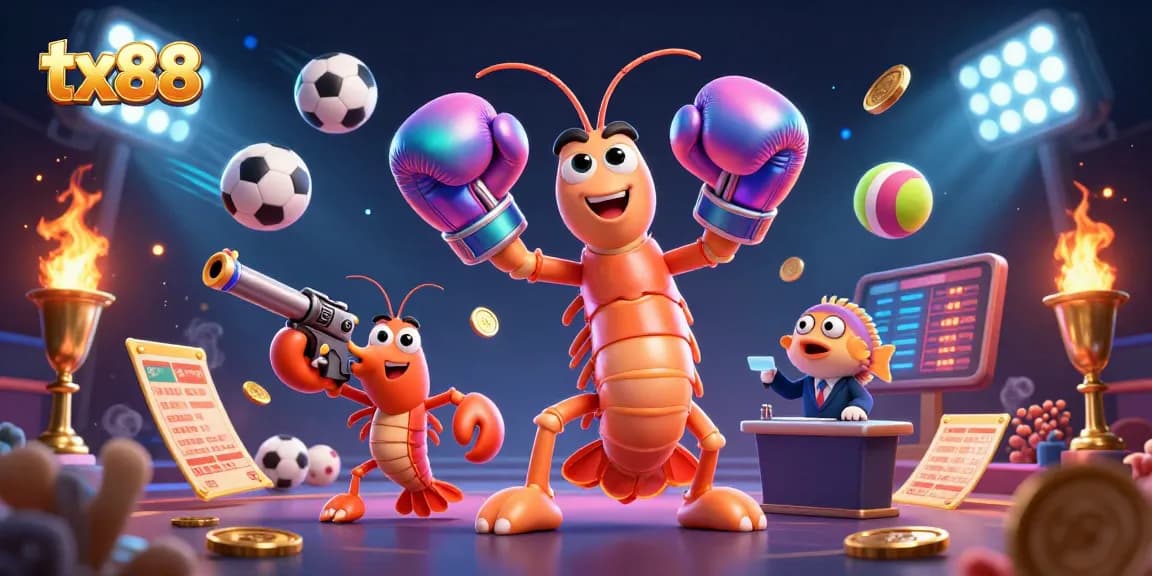 Engage in dynamic gambling action with tx88, featuring vibrant 3D characters, sports elements, and energetic visuals.