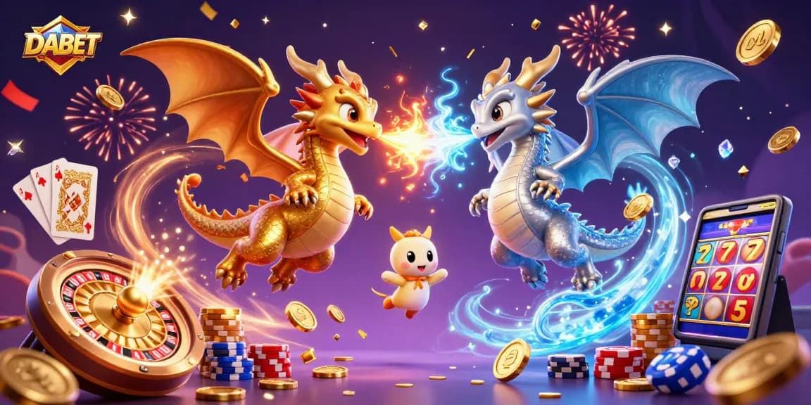 DABET offers a vibrant 3D casino scene with dragons breathing fire and ice, showcasing dynamic gaming elements.