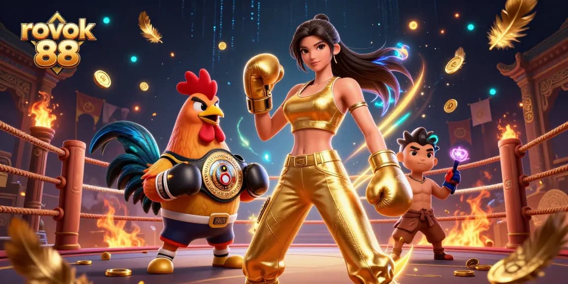 Engage with rokok 88's dynamic casino scene featuring a powerful woman and championship rooster immersed in a gambling arena.