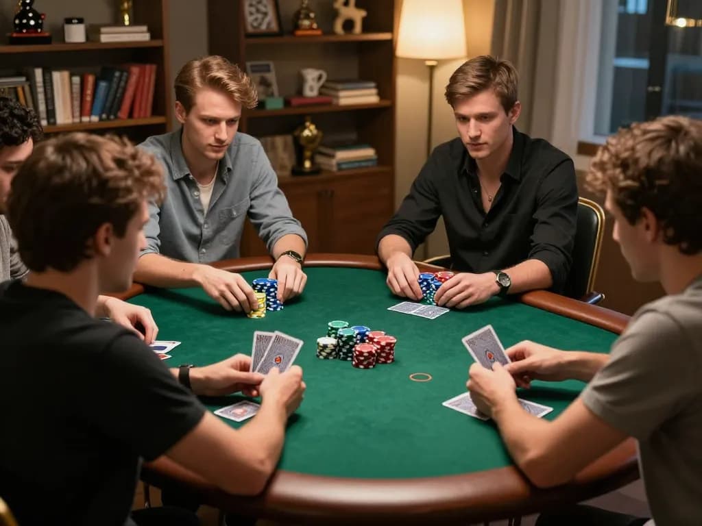 High-stakes poker night at home showcasing players engaged in strategy with alo8 cards and chips on the table.