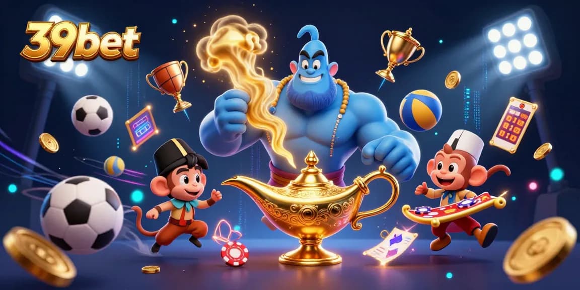 Engage in thrilling gameplay at 39bet with a magical genie, vibrant casino elements, and flying poker chips.