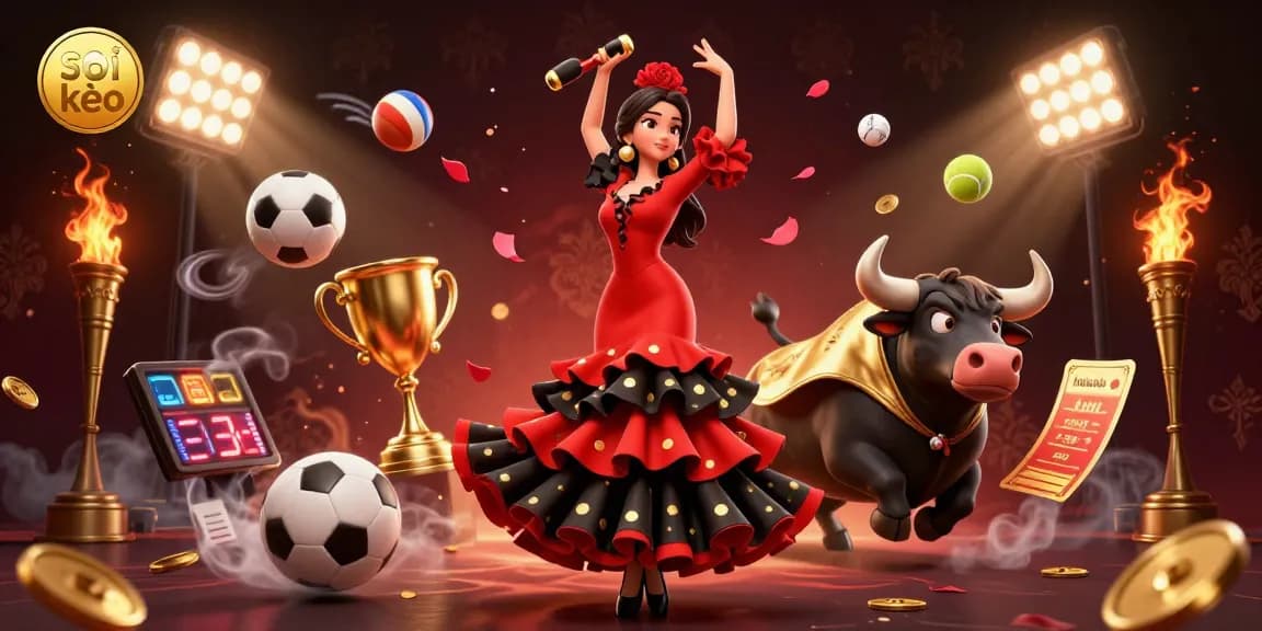 Soi kèo sports betting illustrated with a dynamic 3D scene of a flamenco dancer and a fighting bull, showcasing exciting gambling elements.