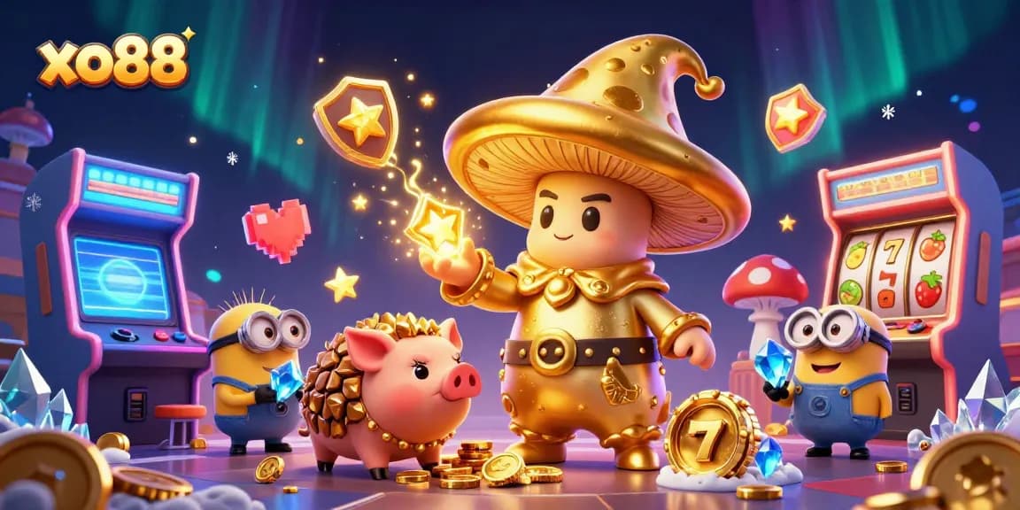 Experience the magic of winning with xo88, showcasing a golden mushroom wizard and gaming elements.