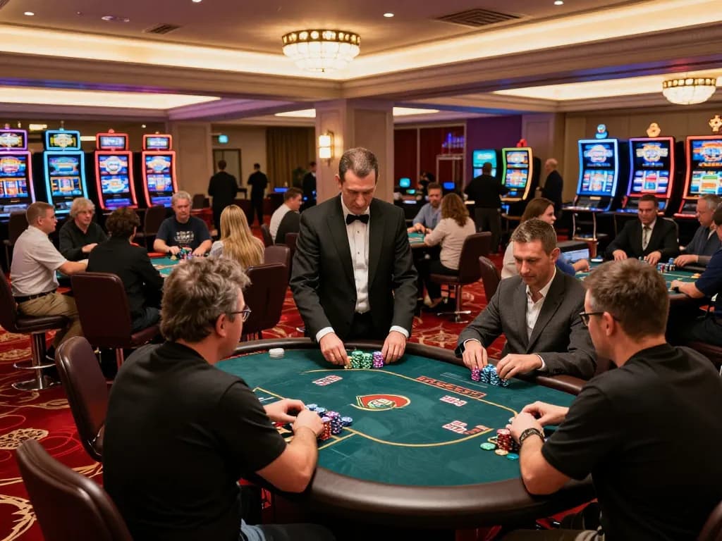 Exciting gameplay scene at a top-rated nhacaiuytinn casino, featuring active poker tables under warm ambient lighting