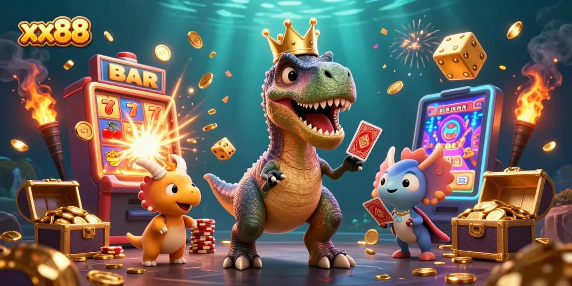 Experience the thrill of xx88 casinos with a fun T-Rex shuffling cards and winning big!