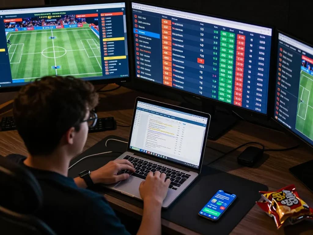 Person researching strategies on tylekeonhacai88 sports betting app and tracking live odds.