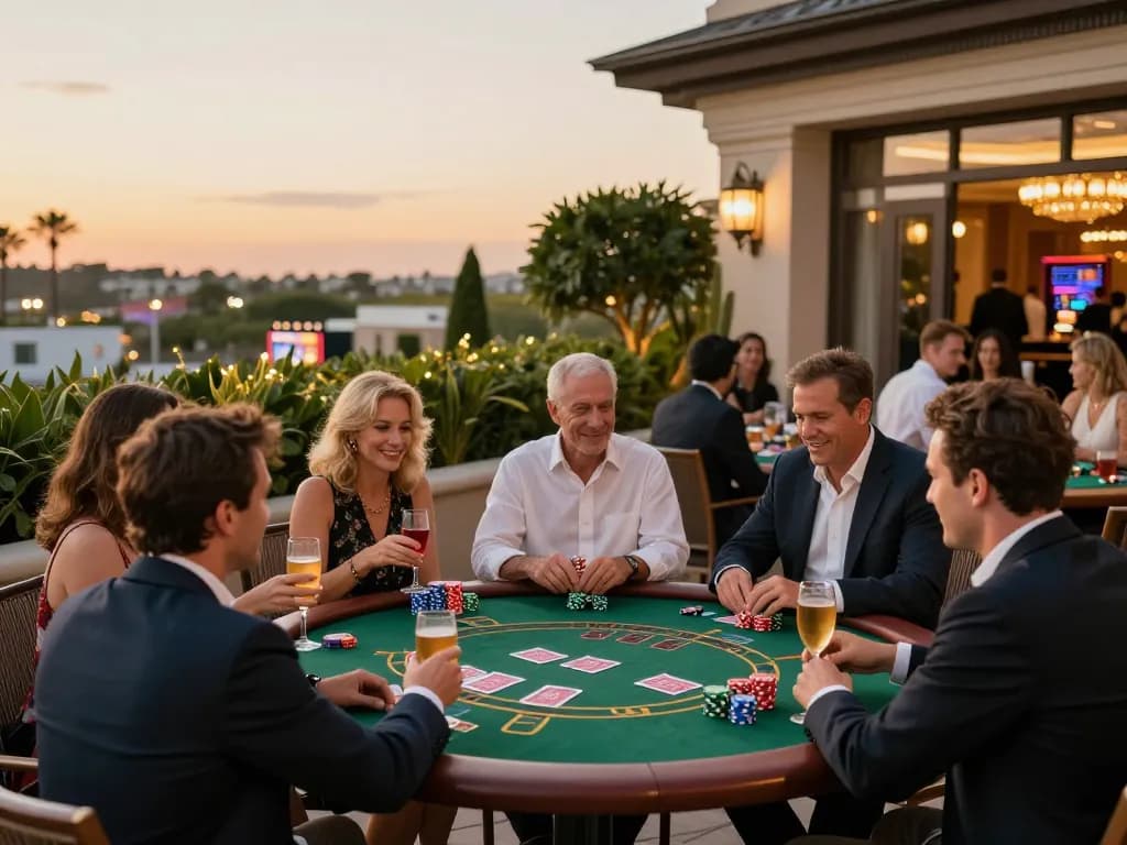 Experience dynamic blackjack gameplay at 33win with vibrant chips on a luxury casino terrace.