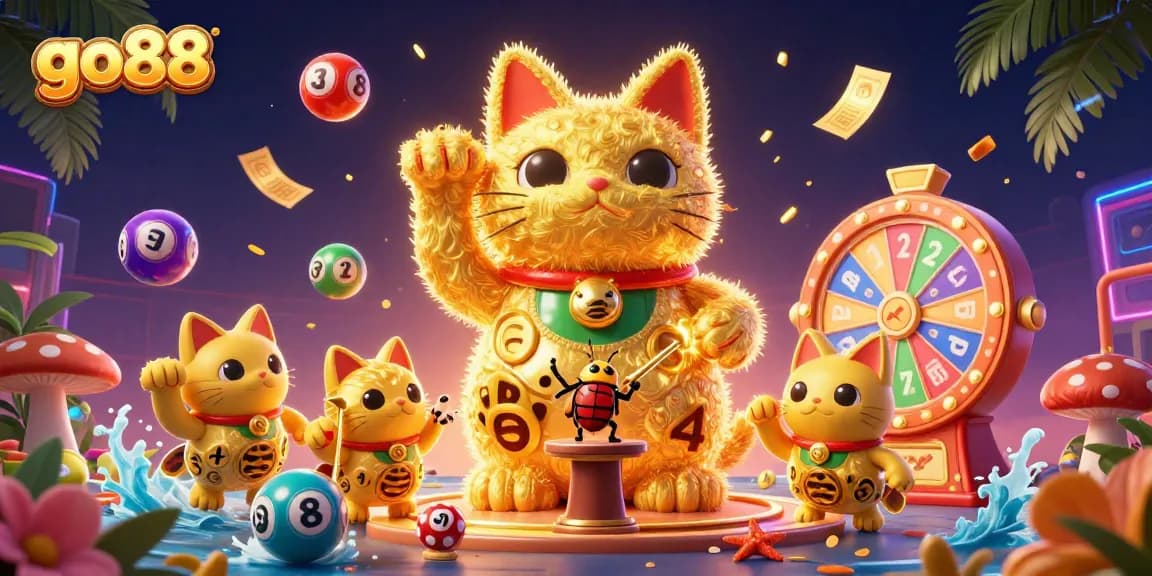 Engage with go88's dynamic lucky cat casino scene featuring vibrant lottery balls and prizes.