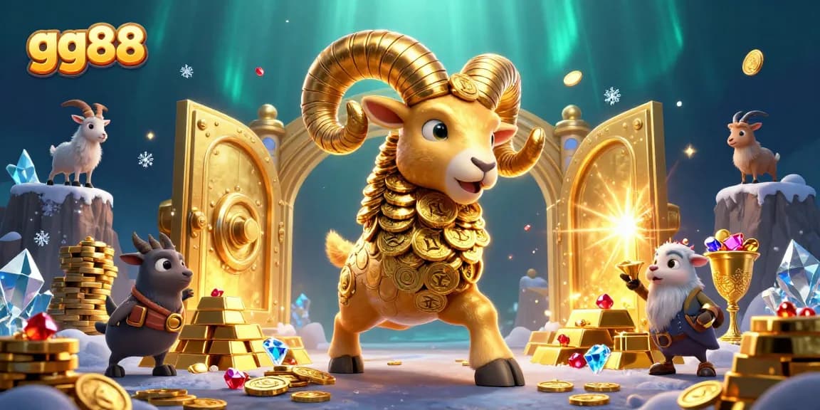 Experience thrilling wins at gg88 with a golden ram charging through treasures and casino elements.