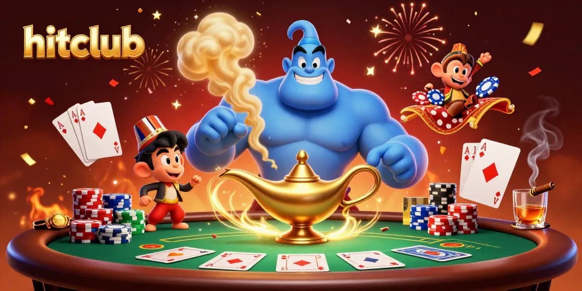 hitclub offers thrilling poker action with Genie and Aladdin characters in vibrant casino scene.