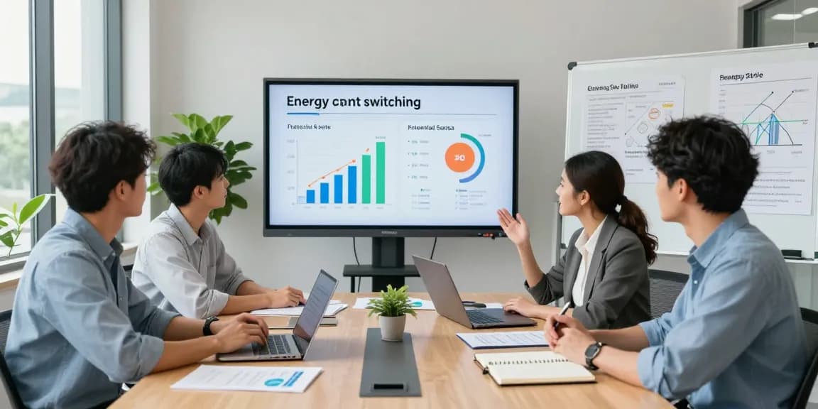 Team meeting to switch business energy rates for cost savings, with charts and laptops in a modern office setting.