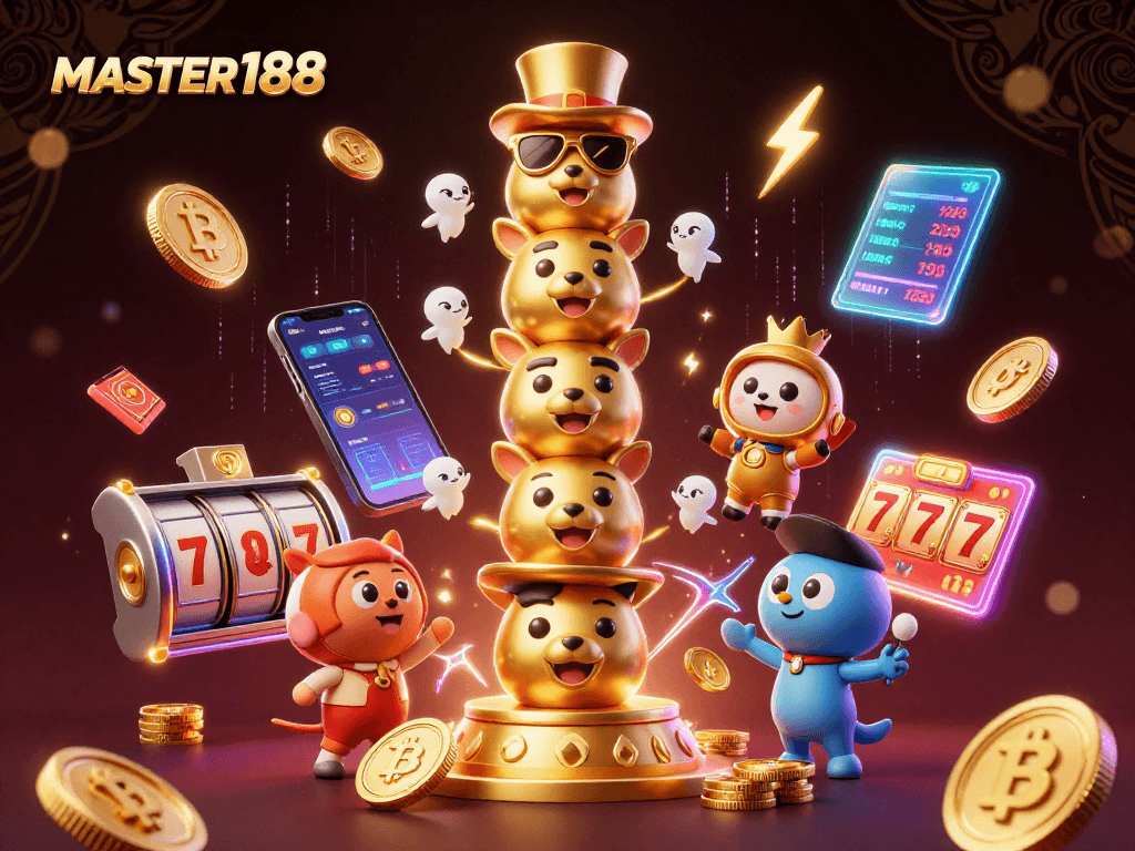Play exciting games with MASTER188, featuring a vibrant 3D totem pole and popular crypto elements for gamblers.
