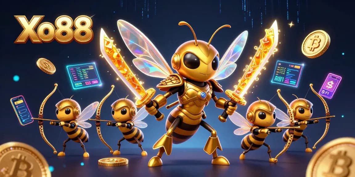 Xo88 showcases an energetic scene with a samurai hornet and bee archers amidst crypto elements.