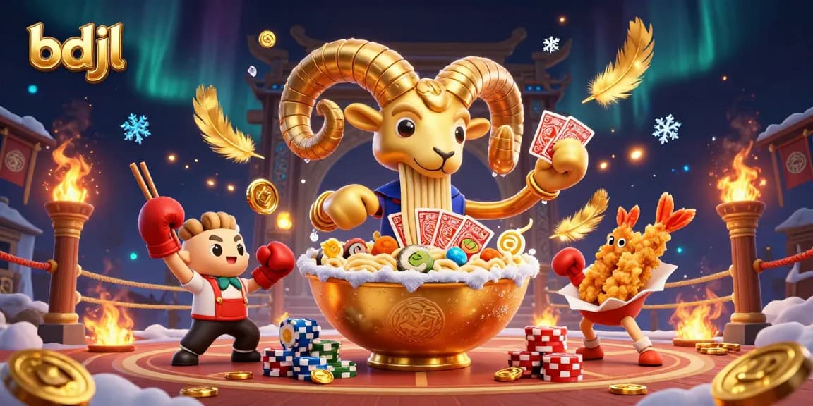 Experience bdjl with a vibrant illustration of a golden ramen bowl dealer surrounded by casino elements.