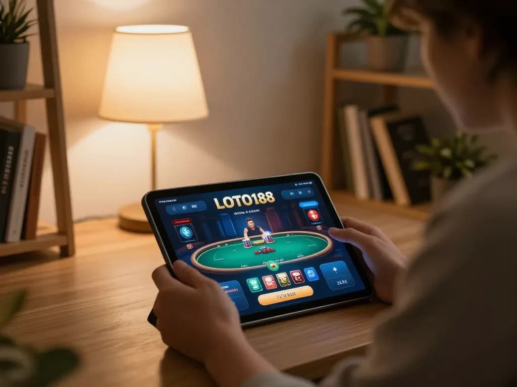 LOTO188 player engaging with online poker on tablet, showcasing an inviting gaming atmosphere.