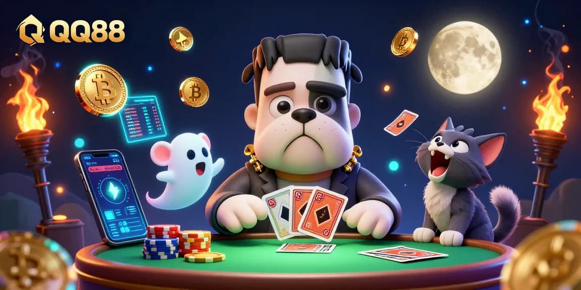 Join the thrilling QQ88 adventure with characters at a vibrant casino table playing cards.