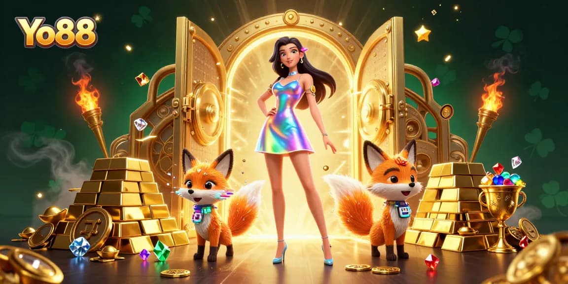 Spin the reels at Yo88 with a vibrant casino scene filled with treasures and a stunning character.