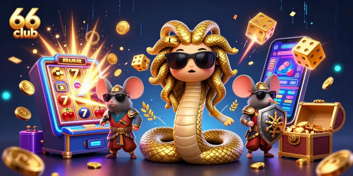 Engaging 66 club scene showcasing a friendly Medusa and warrior mouse amidst casino excitement.