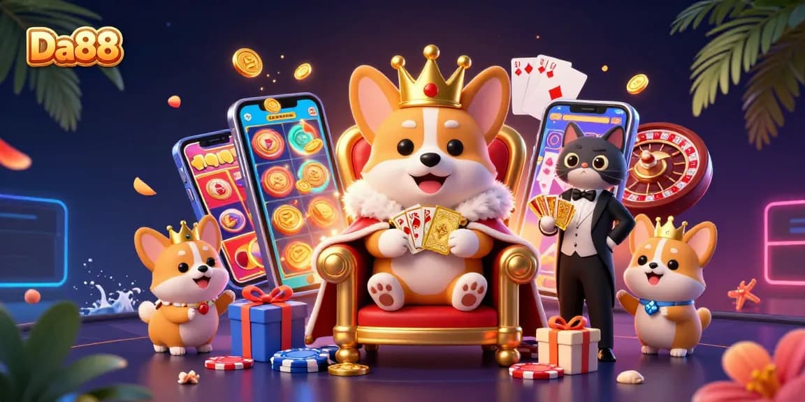 Spin the reels with Da88 in this vibrant 3D casino scene featuring royal corgis and rich game elements.