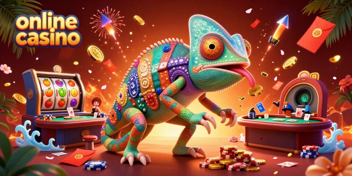 Engage with the vibrant online casino world featuring a colorful chameleon amidst spinning slot reels and festive elements.
