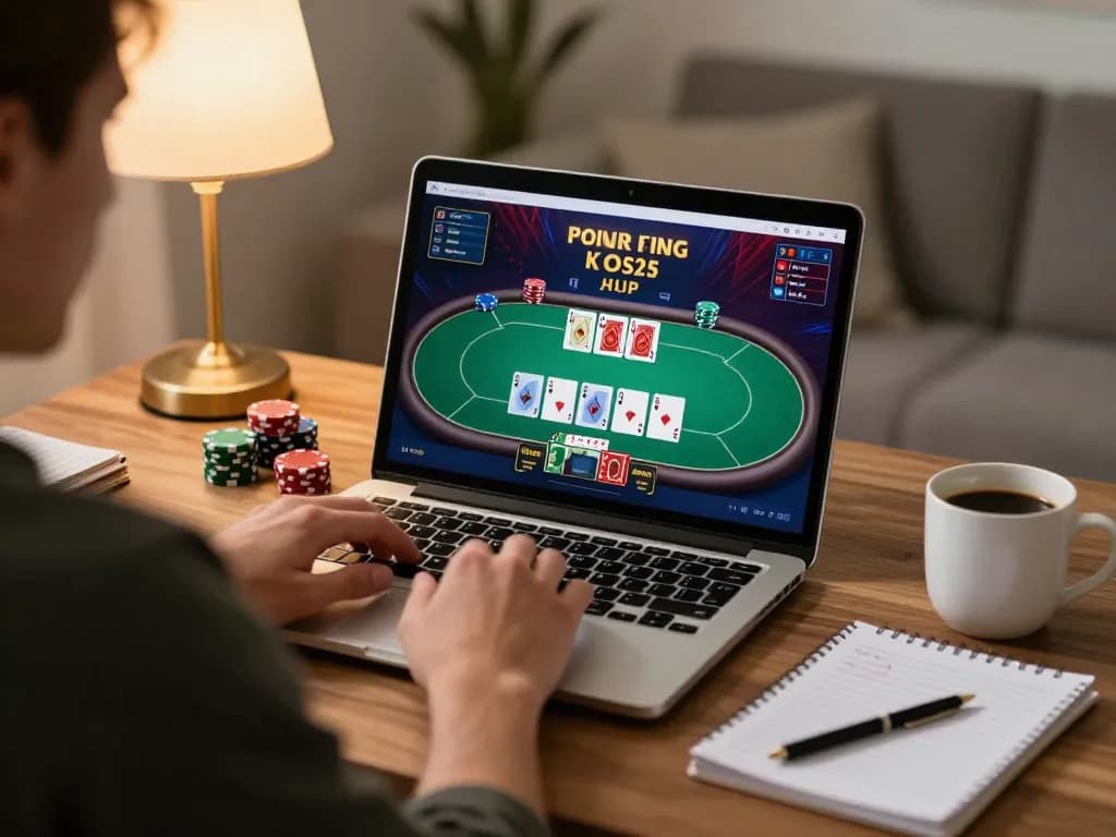 Player immersed in online poker gameplay at hay88x, showcasing chips and cards on screen during a strategic session.