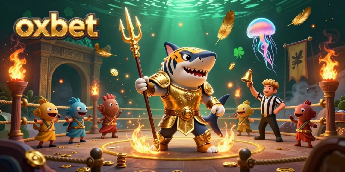 Experience excitement with oxbet's immersive underwater casino scene featuring a tiger shark in gladiator armor.