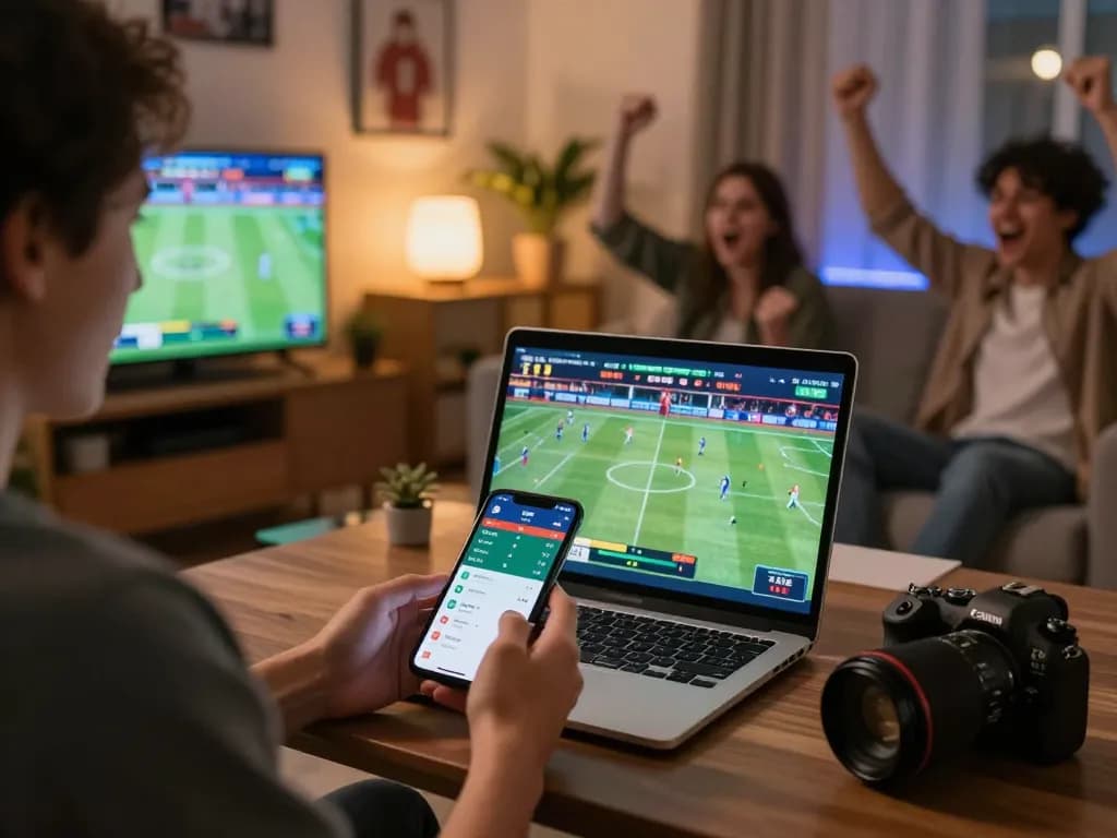 Engaged viewer utilizing keobongda for sports betting strategies, surrounded by multiple screens.