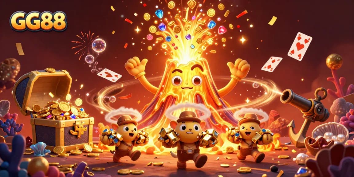 Experience the excitement of GG88 with treasure-filled volcanoes and vibrant casino game elements.