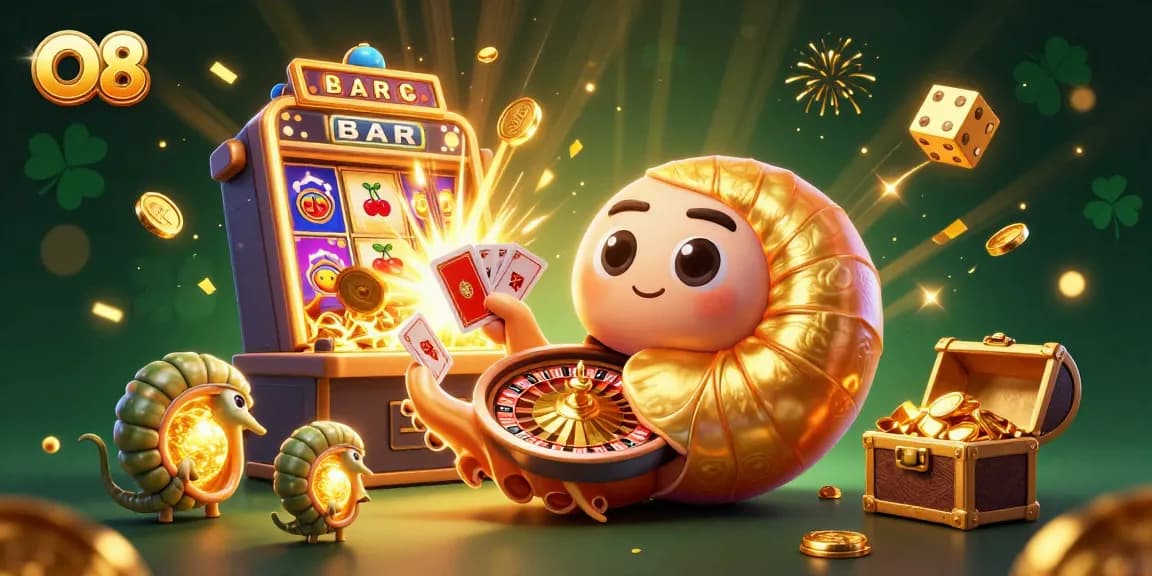 O8 players spinning winning reels with a nautilus-inspired roulette in a vibrant casino scene.