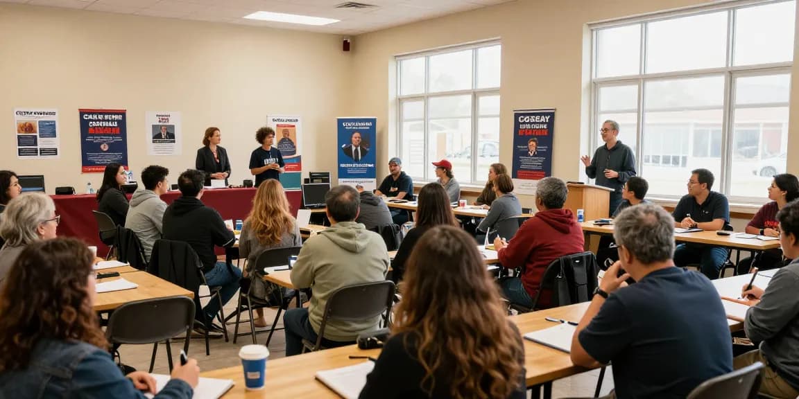 Engaged voters discussing Casey Askar's controversies during a town hall meeting.