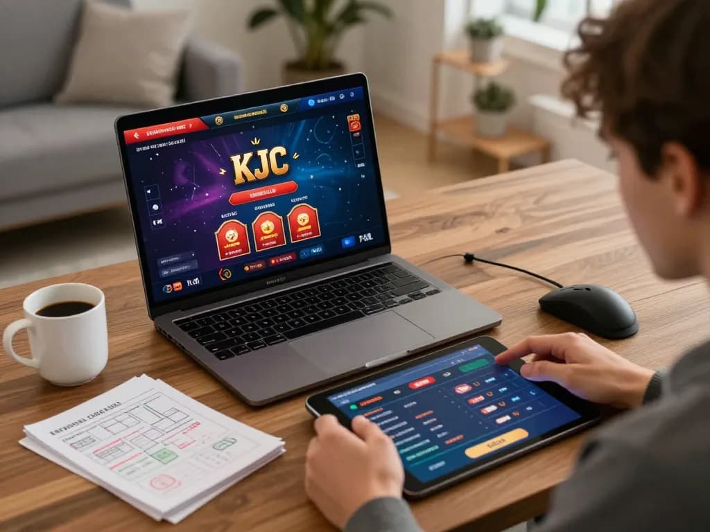 Engaged player exploring KJC casino games on a tablet at home, capturing the online gambling experience.
