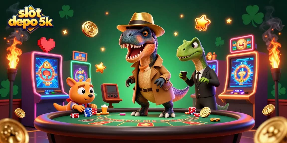 Engage with slot depo 5k in this ultra-detailed 3D casino scene featuring a velociraptor card counter and vibrant slot machines.