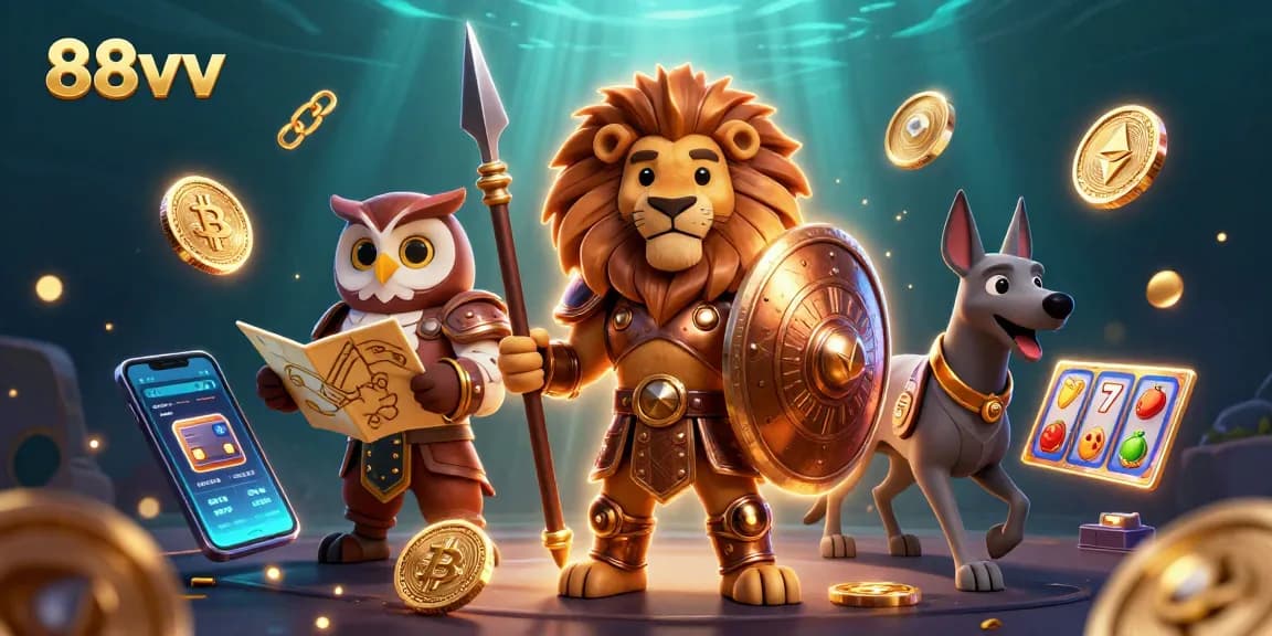 Engage in the thrilling action of 88vv casino with a 3D Spartan lion and vibrant slot elements.