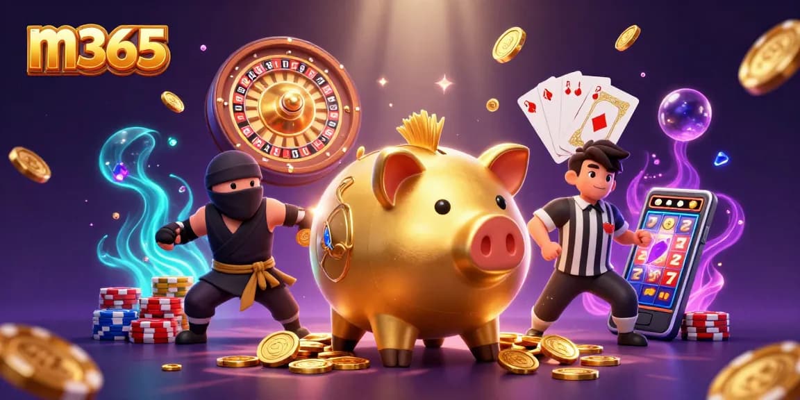 Experience thrilling wins with m365, illustrated by a dynamic casino scene with rich 3D characters and elements.