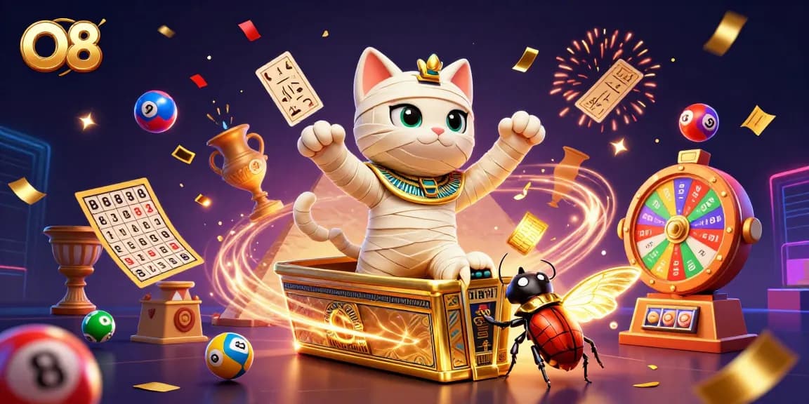 Engage with O8's thrilling gaming experience featuring a lively mummy cat and a glowing scarab beetle.