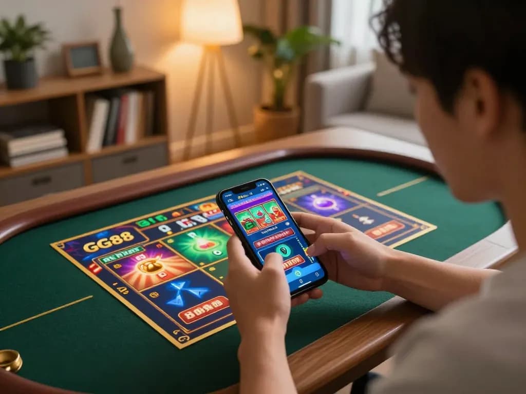 Player enjoying the GG88 app on a smartphone for online casino gaming at home, showcasing modern decor.