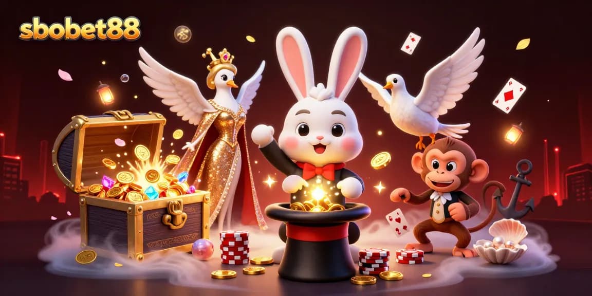 Experience sbobet88's thrilling betting environment with a magician rabbit, dove, and monkey amidst playful casino elements.