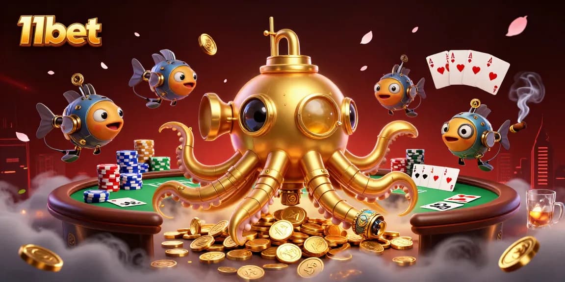 Experience thrilling poker action with 11bet's golden kraken submarine in a sea of coins.