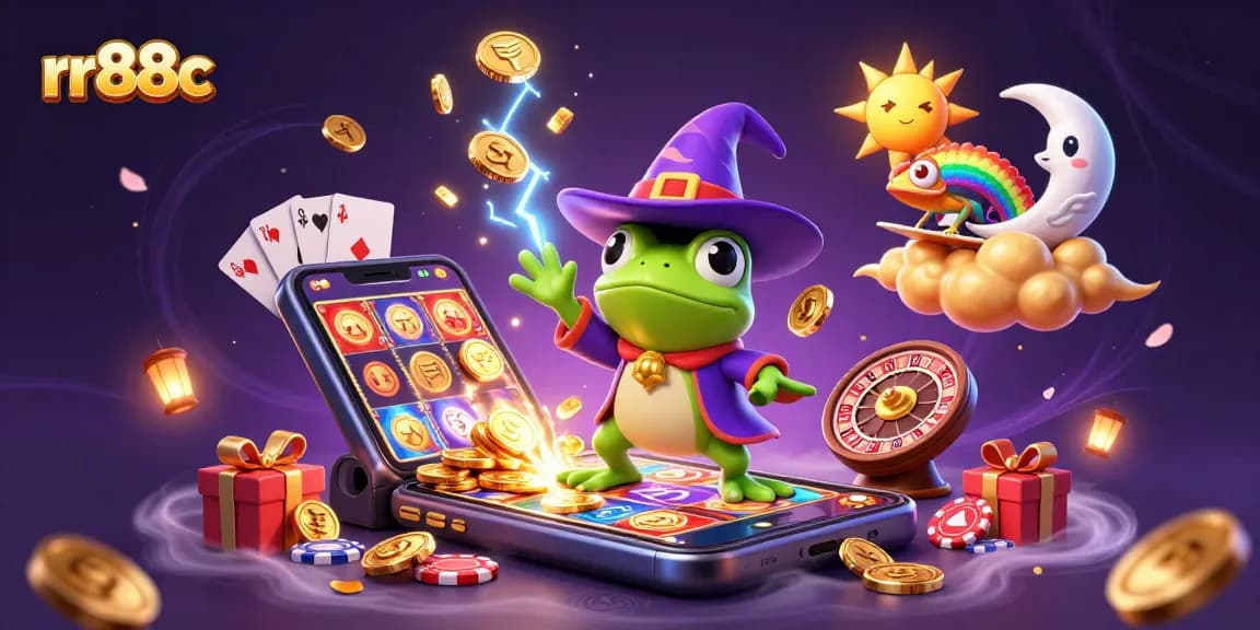 Experience the excitement of rr88c with a cartoon wizard frog amidst golden coins and vibrant game elements.