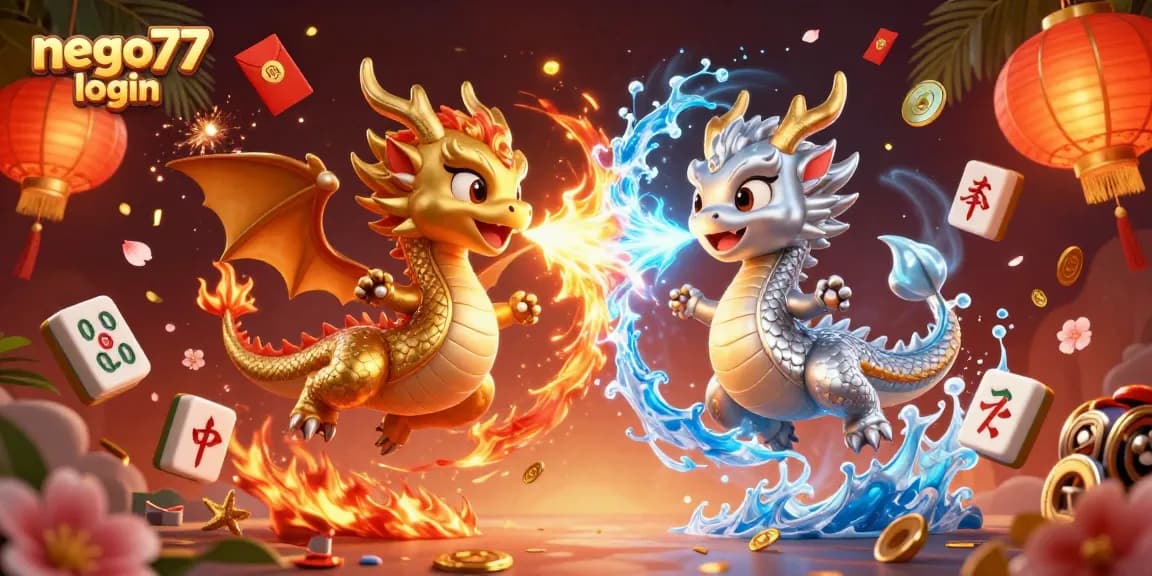 Engage with the vibrant action of nego77 login featuring dynamic dragons and festive gaming symbols.