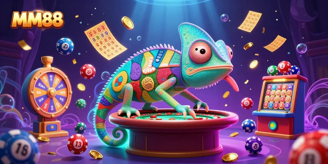 Experience the vibrant world of MM88, where the colorful chameleon casino owner interacts with dynamic lottery and casino elements.