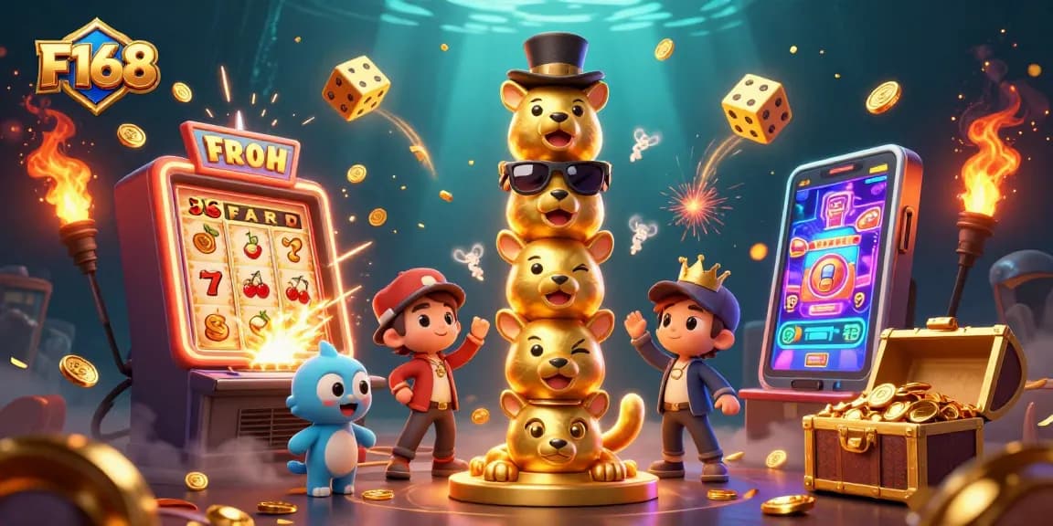 Experience thrilling gaming action with F168's vibrant casino illustration packed with excitement.