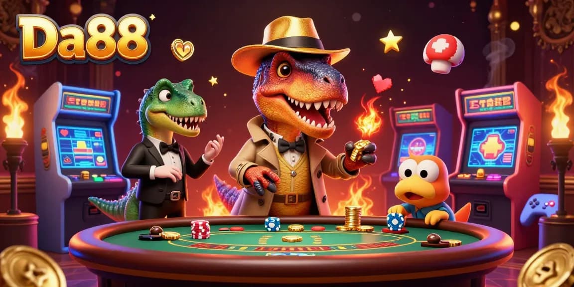 Engaging Da88 casino scene with a velociraptor card counter, stegosaurus pit boss, and compy pickpocket amid vibrant arcade elements.