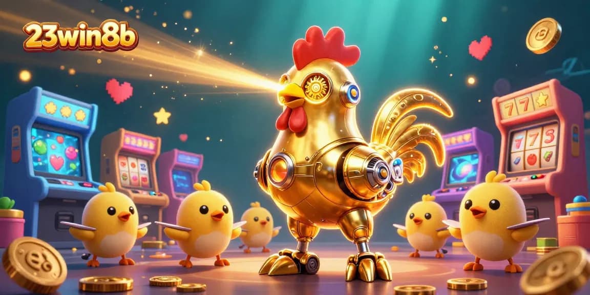 Engage with 23win8b's vibrant casino world, featuring a golden rooster robot and arcade games.